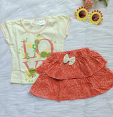 Love With Bow Round Neck T-shirt with Skirts Clothing Set - Orange